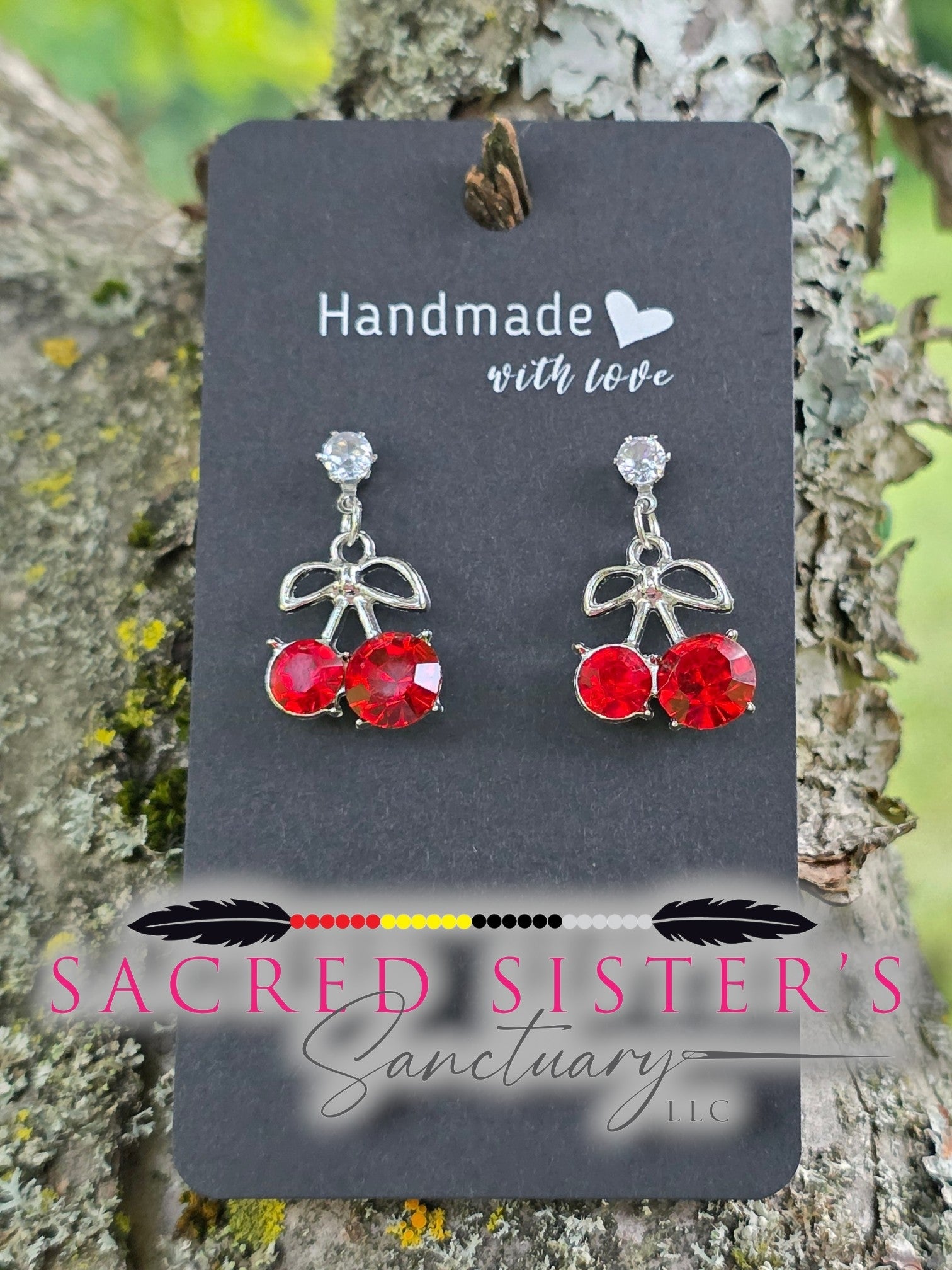 Red Crystal Cherry Bow Drop Earrings by OGIMAAKWE-AMANDA
