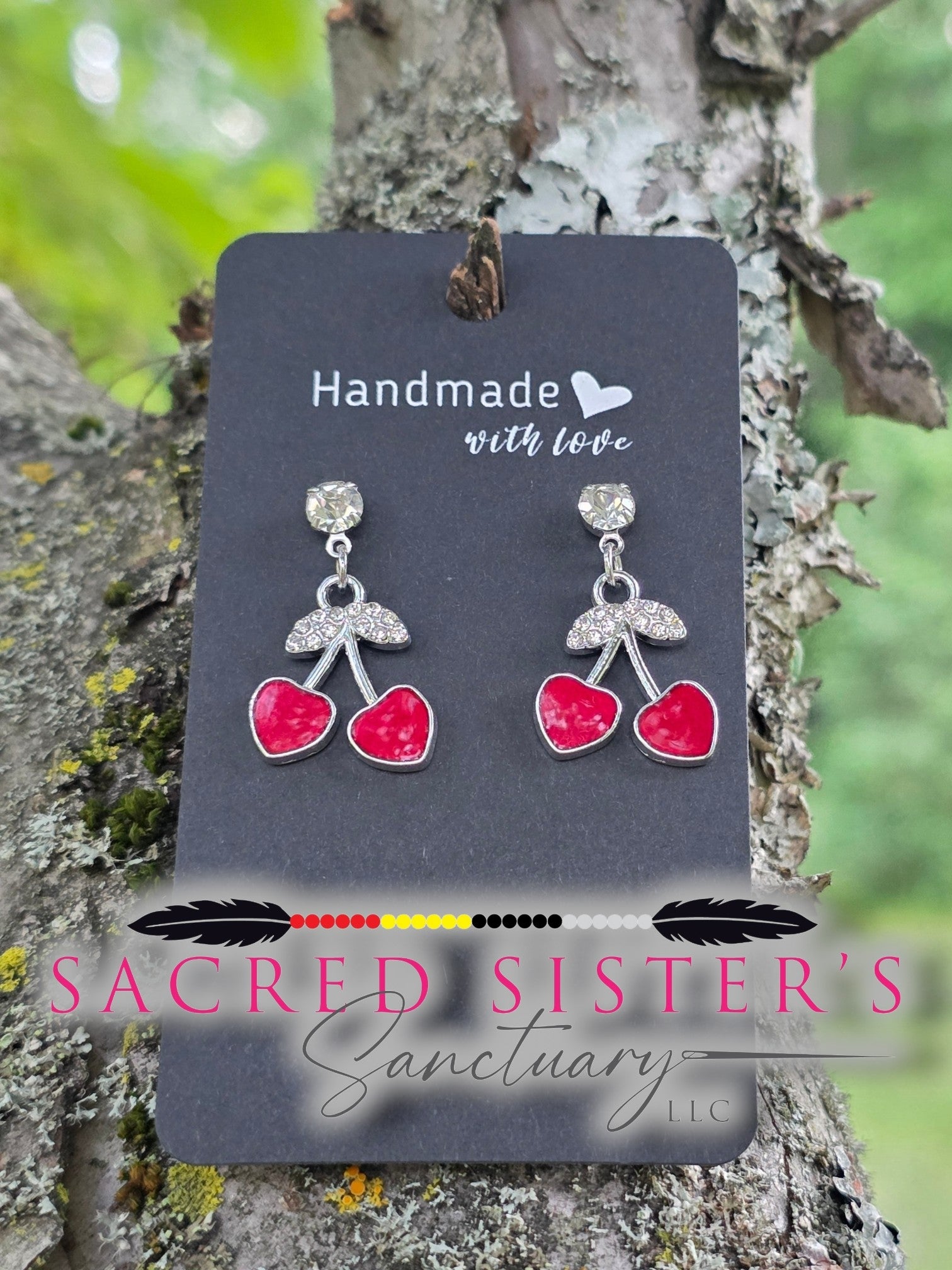 Red Enamel Heart Cherry Drop Earrings by OGIMAAKWE-AMANDA