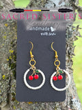 White Beaded Hoop Cherry Drop Earrings
