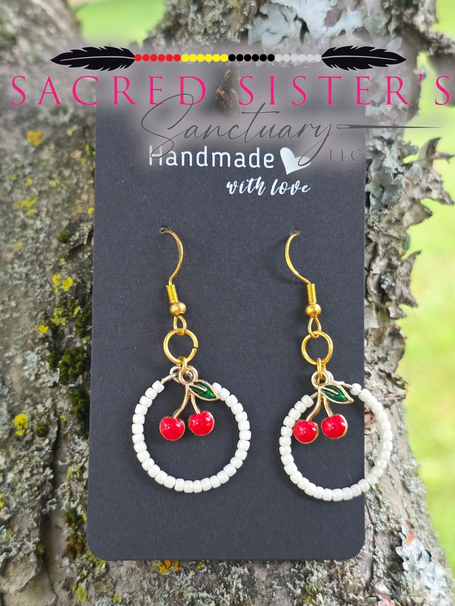 White Beaded Hoop Cherry Drop Earrings