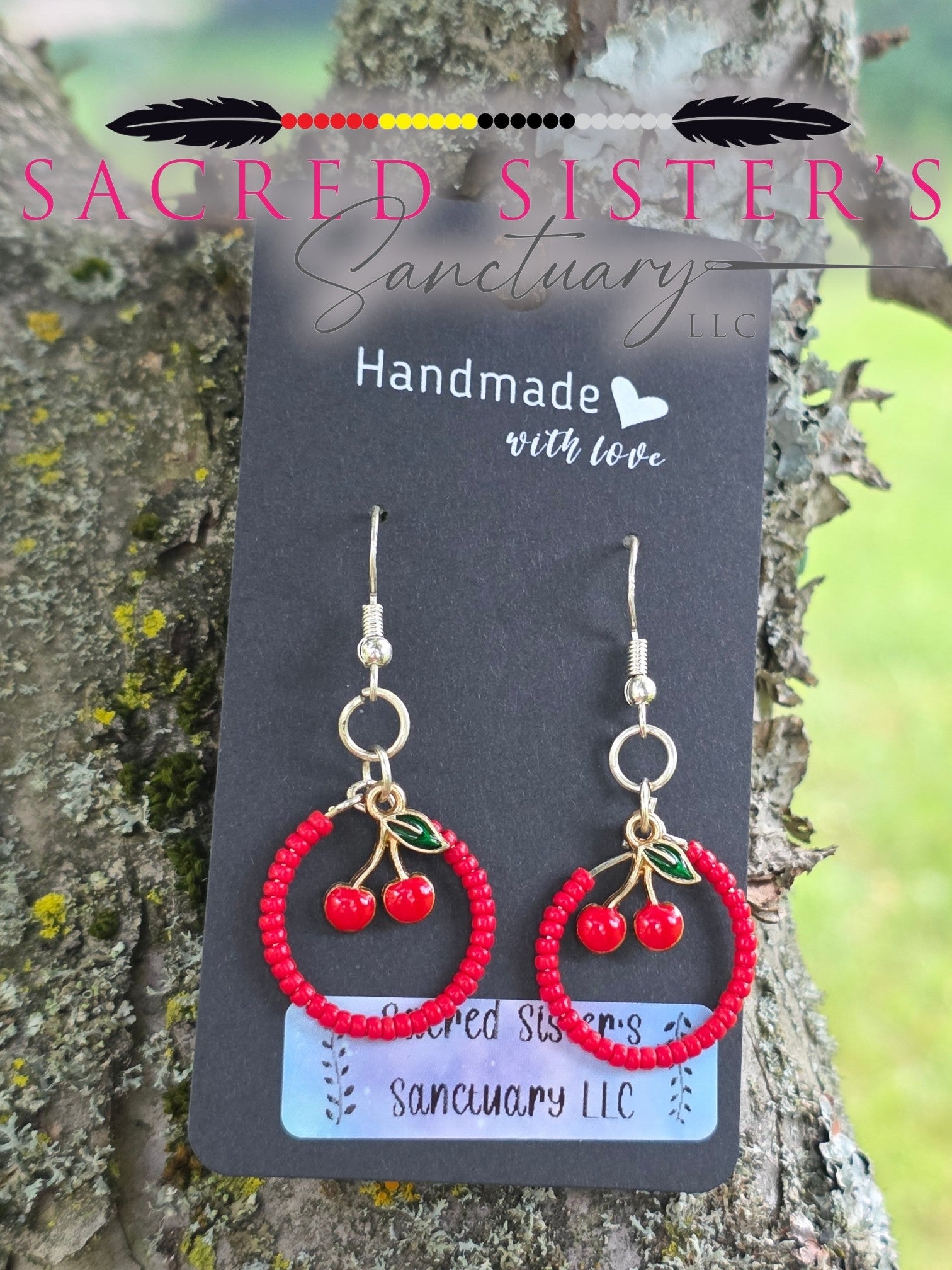 Red Beaded Hoop Cherry Drop Earrings