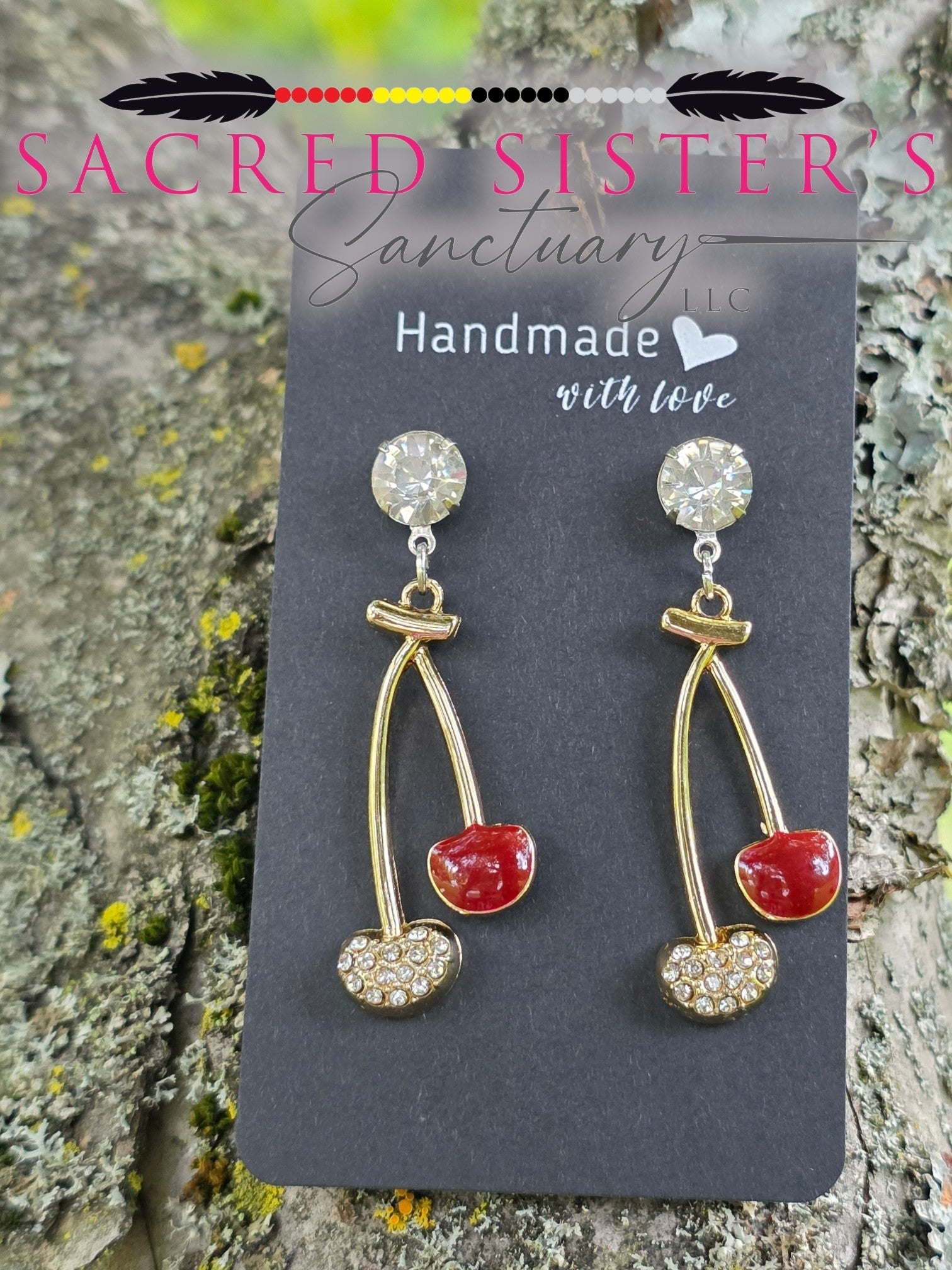 Red Enamel Cherry CZ Pavé Heart Drop Earrings in Gold by OGIMAAKWE-AMANDA